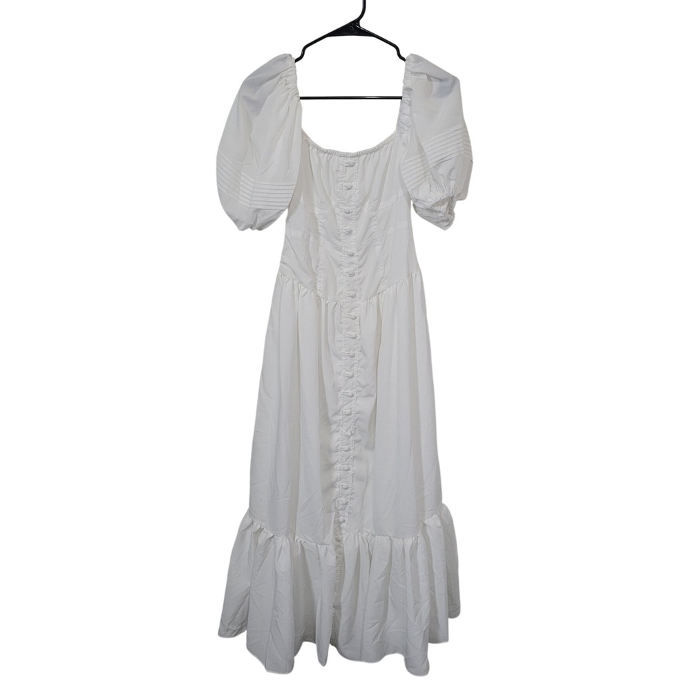 TCCX Small White Maxi Dress Womens Puff Sleeve Button Front Cottagecore Ruffle